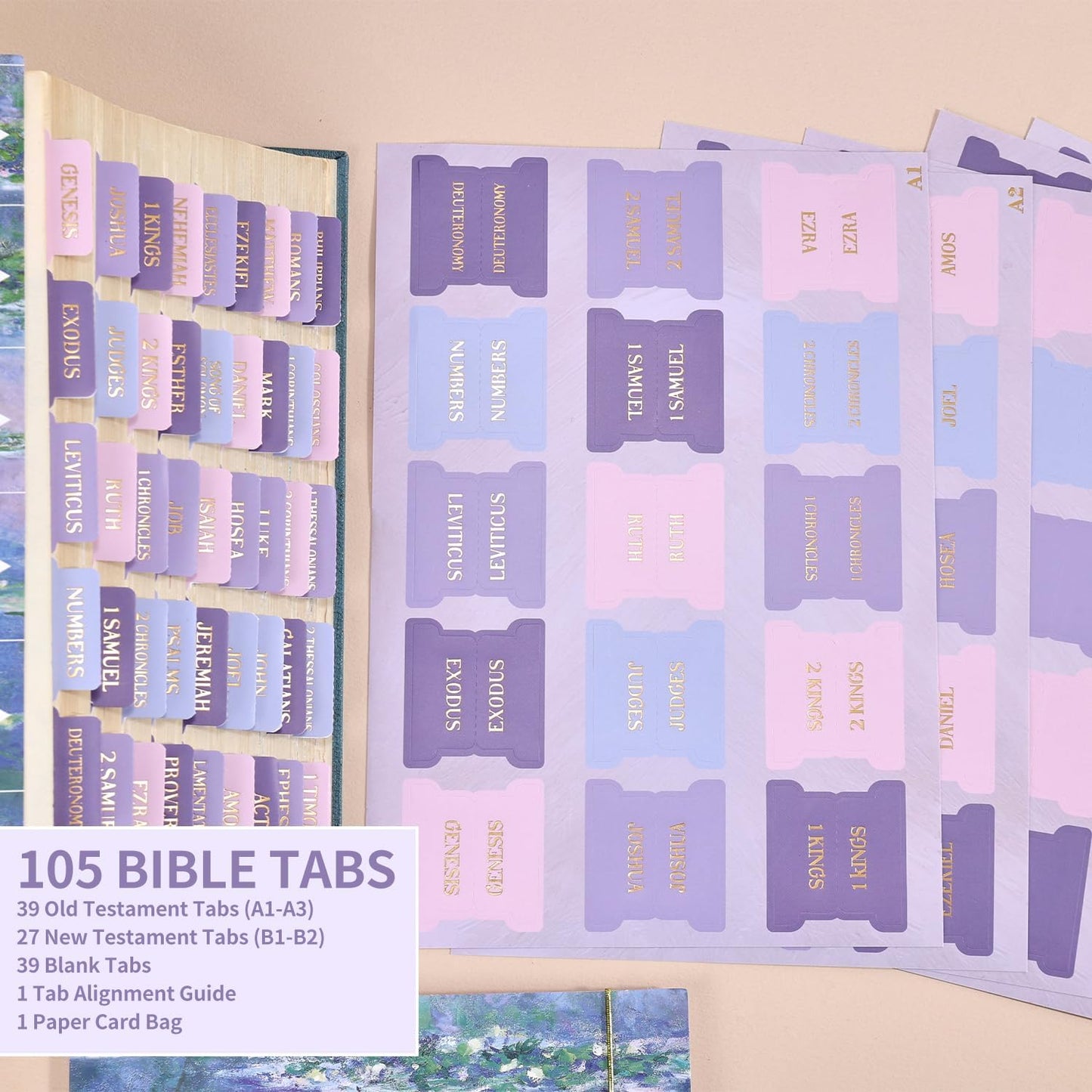 Laminated Bible Tabs, Gold Foil Embossed Lettering Bible Chapter Index Tabs for Women Men, Reposition Large Print Sticky Labels, Easy to Read and Apply, 105Chapters Labels for Easy Navigation (Black)
