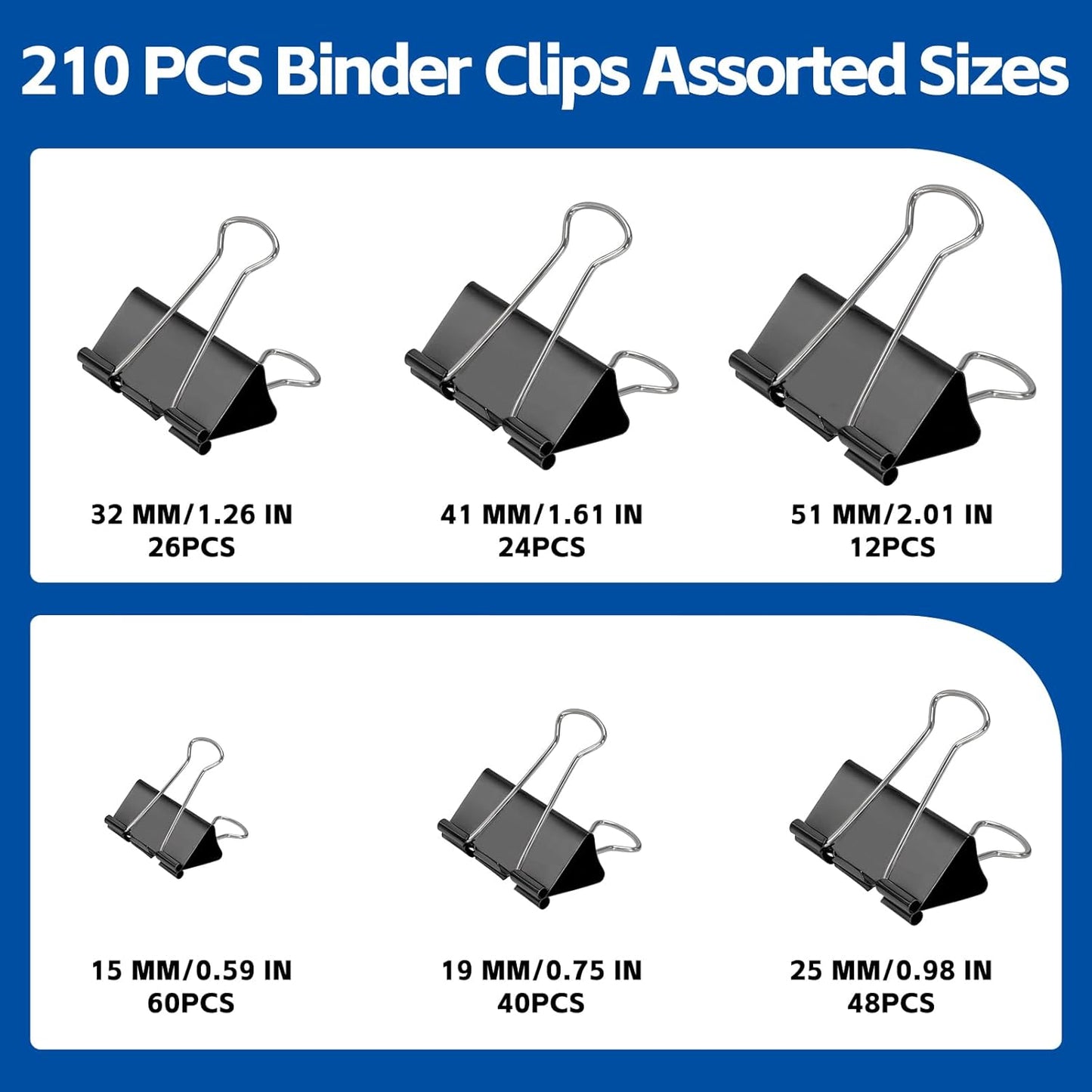 BainGesk 210 PCS Binder Clips Paper Clamps Assorted Sizes, Metal Paper Binder Clips, Black Binding Paperwork Clamp Bulk, 6 Sizes in 6 Boxes, School, Office Supplies