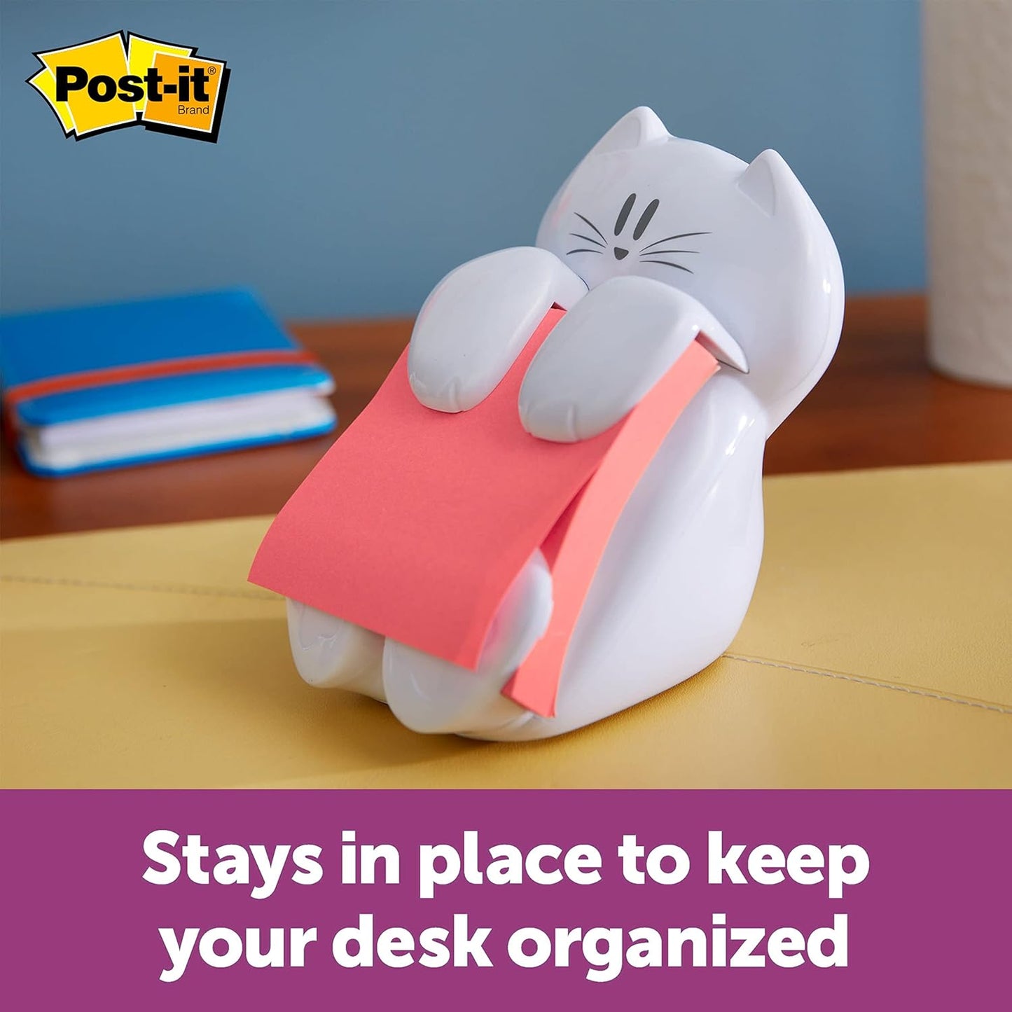 Post-it Dispenser, Sticky Note Holder, White Cat Design, Includes 45 Pop-Up Sheets of 3 in x 3 in Pink, Sticky Notes Holder for Desk, Classroom or Office Supplies