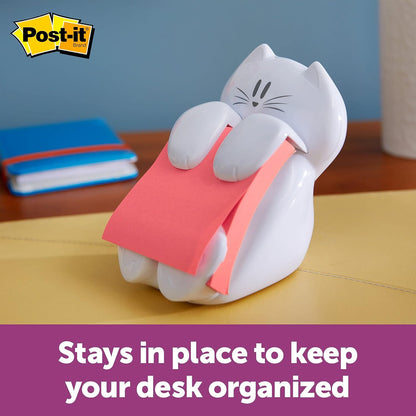 Post-it Dispenser, Sticky Note Holder, White Cat Design, Includes 45 Pop-Up Sheets of 3 in x 3 in Pink, Sticky Notes Holder for Desk, Classroom or Office Supplies