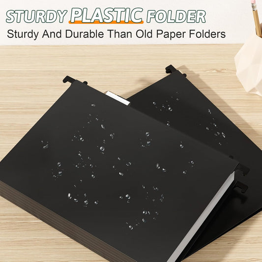 Plastic Hanging File Folder Letter Size,12 Pack Reinforced Heavy Duty Hanging Folders,Sturdy File Cabinet Folders,Black Hanging File Folder with Tabs,Hanging Folders for Filing Cabinet