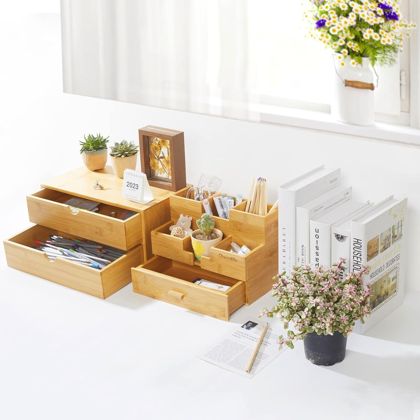 Charmewooden Bamboo Desk Organizer With Drawers Countertop Drawers Counter Storage Box Corner Desk Organizer for Home Office No Assembly Required (3 Drawers)