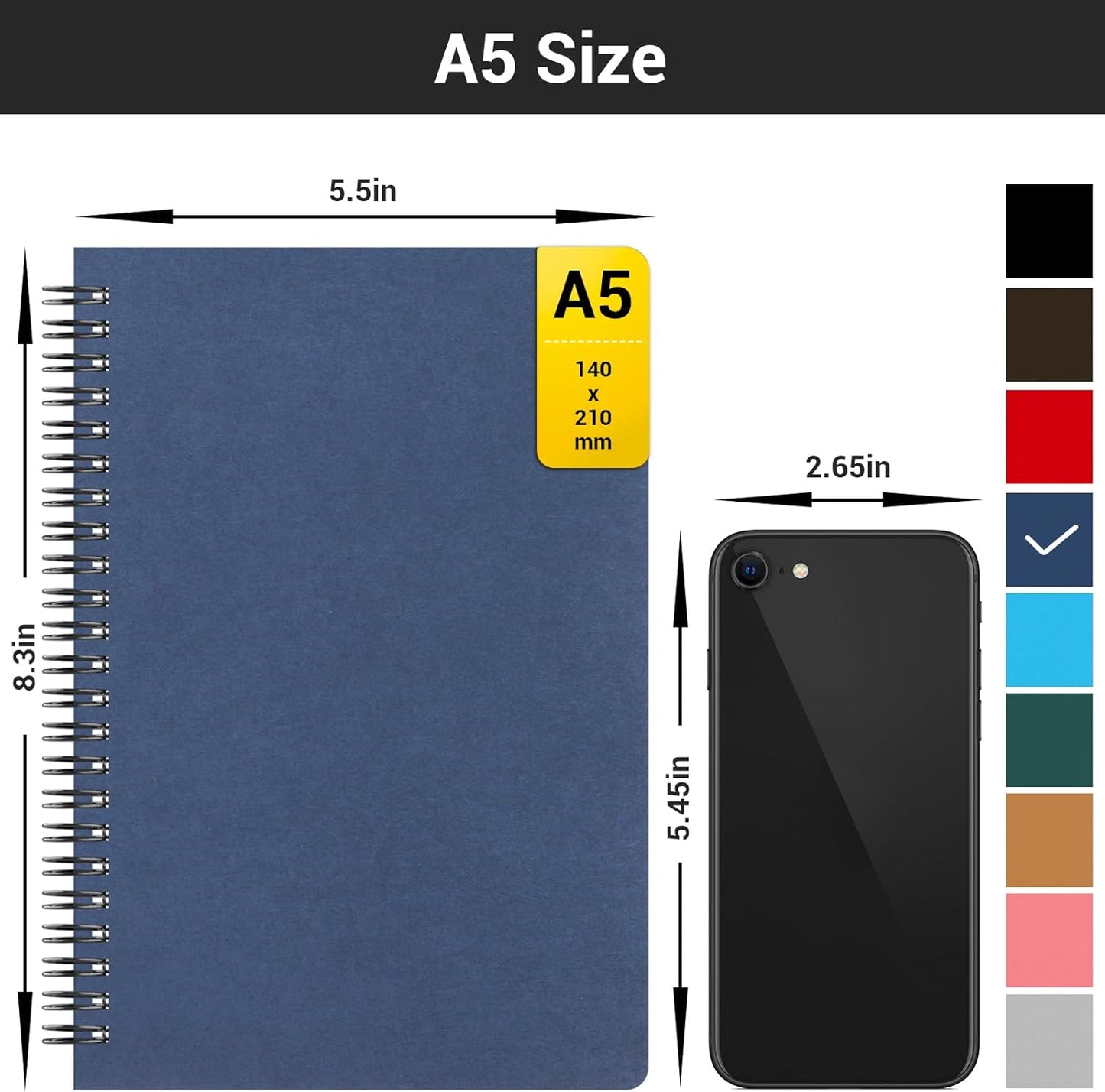 EUSOAR Spiral Notebook, A5 12packs 5.5"X8.3" 120 Pages Lined Travel Writing Notebooks Journal, Memo Notepad Sketchbook, Students College Office Business Subject Diary Ruled Book Journal-Black Cover