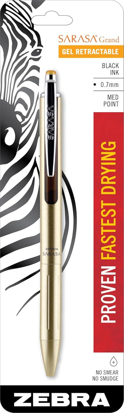 Zebra Pen, SARASA Grand Retractable Gel Pen, Solid Brass Barrel, Fast-Drying Black Ink, 0.7mm Point, Ideal for the Left Handed, Eliminates Smudging, Navy Brass Barrel, 1-Pack, (45211)