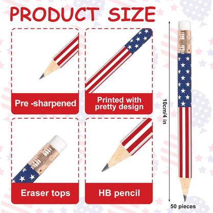 JarThenaAMCS 50Pcs Independence Day Pencil with Erasers American Flag Short Writing Wooden Pencils Red White Blue Patriotic Half Pencil for 250th Anniversary 4th of July School Office Supplies, 4 in