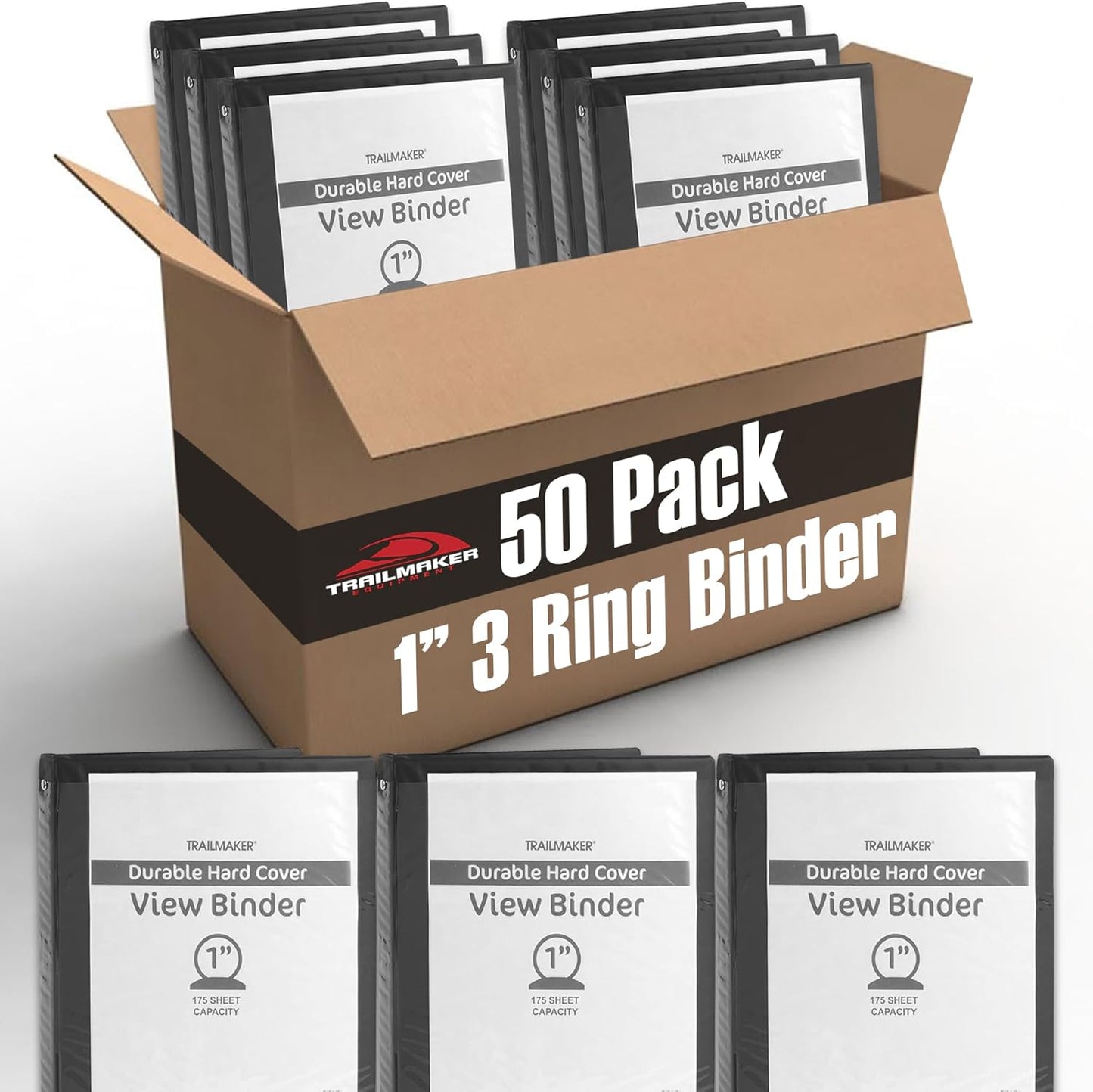 Trail Maker 1 inch Binders (50 Pack), 3 Ring Hardcover Binders in Bulk with Clear View Cover, Pockets for Classroom, Office, Portfolios | Bulk School, Teacher, Office Supplies (White Only Pack)