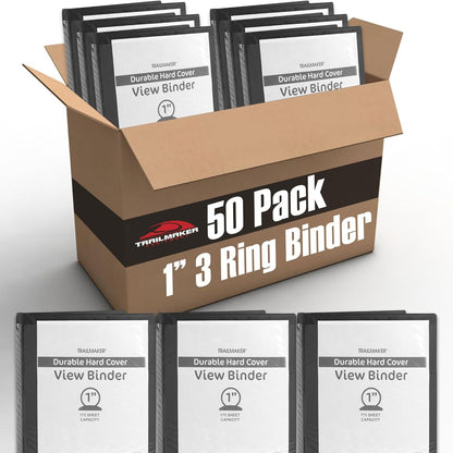 Trail Maker 1 inch Binders (50 Pack), 3 Ring Hardcover Binders in Bulk with Clear View Cover, Pockets for Classroom, Office, Portfolios | Bulk School, Teacher, Office Supplies (White Only Pack)