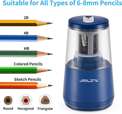 JARLINK Electric Pencil Sharpener, Heavy-Duty Helical Blade to Fast Sharpen, Auto Stop for No.2/Colored Pencils(6-8mm), AC Adapter/Battery Operated in School Classroom/Office/Home (Black)