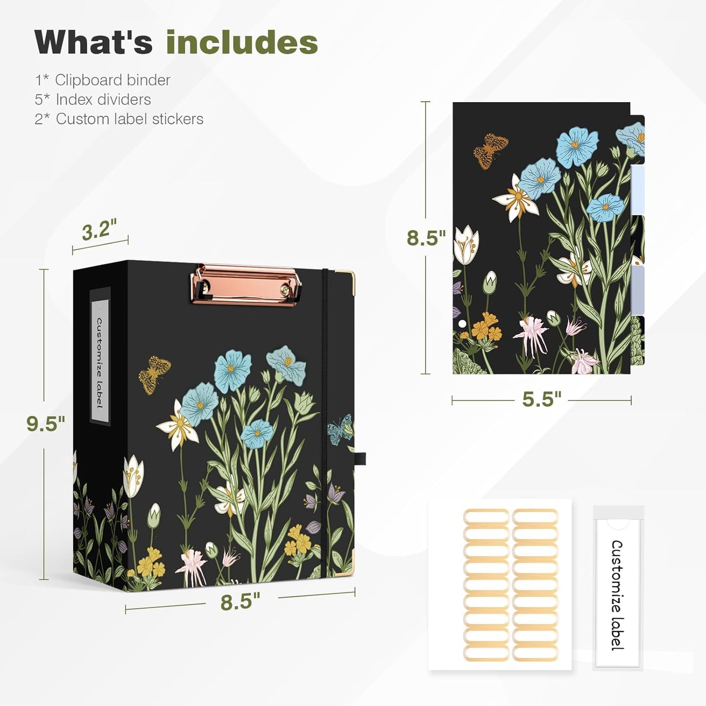 Ospelelf Binder 3 Ring 1 Inch, Floral Round Ring Clipboard Binder for Letter Size with 5 Tab Dividers, File Folder Labels, for School and Office Supplies