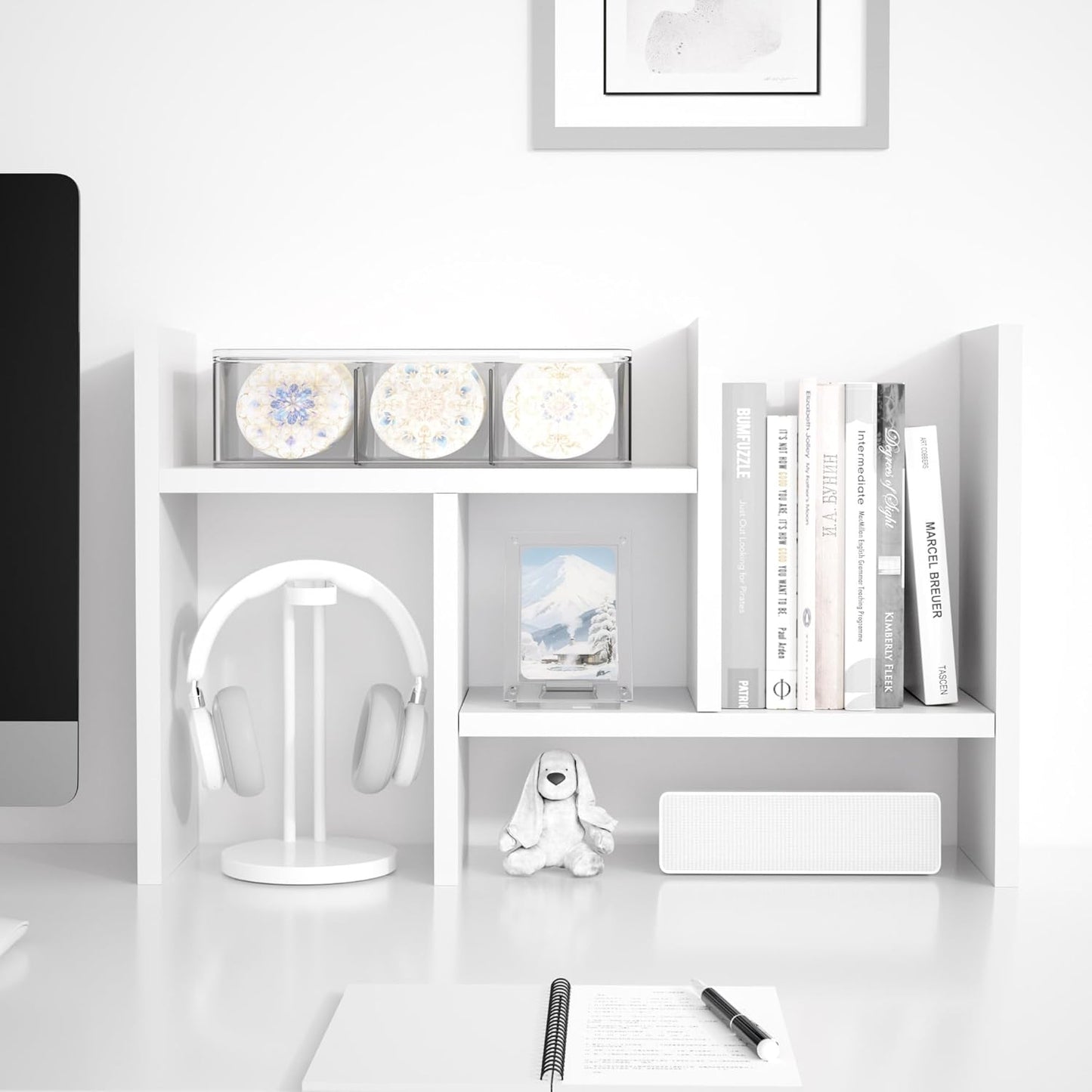 Jerry & Maggie Desktop Organizer Office Storage Rack Adjustable Wood Display Shelf Free Style Double H, Multi-Functional Mini Bookshelf for Desk Natural Stand (White)
