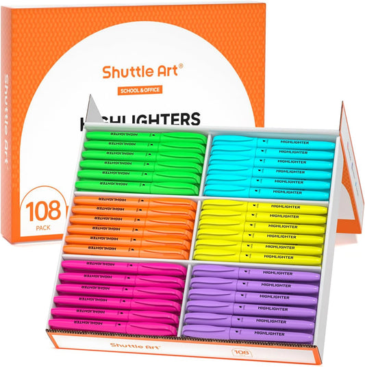 Shuttle Art 108 Pack Highlighters, Highlighters Assorted Colors Set, 6 Bright Colors Chisel Tip Dry-Quickly Non-Toxic Highlighter Markers Bulk for Adults Students Highlighting in Home School Office