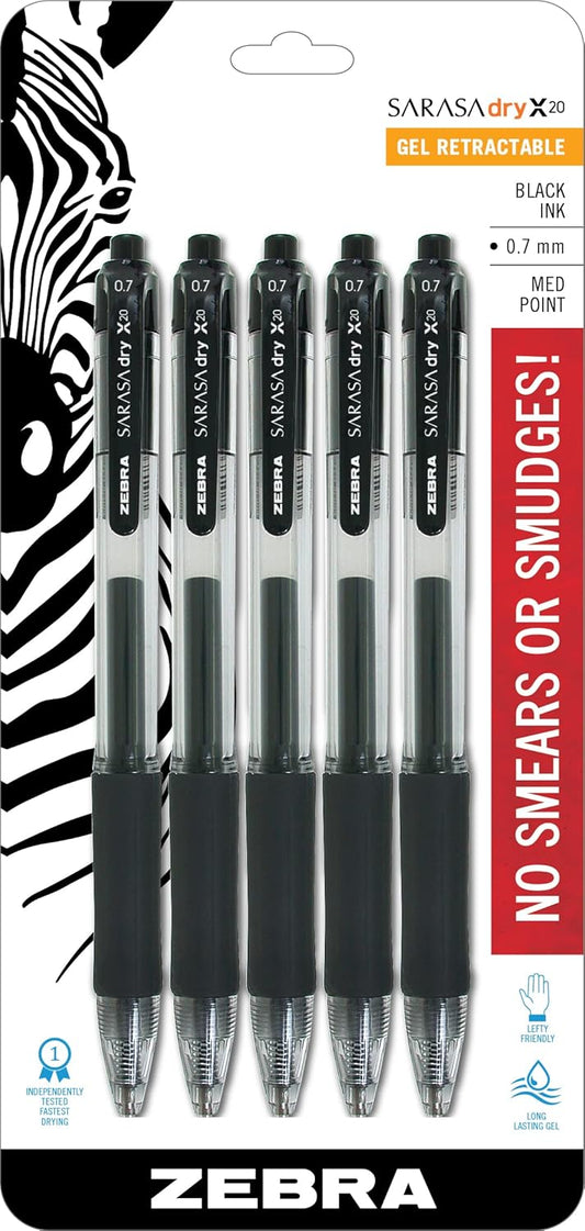 Zebra Pen Sarasa Dry X20 Retractable Gel Pens, 0.7mm Medium Point, Black Ink with Rapid Fast Dry Ink Technology, Ideal for the Left Handed, Elimates Smudging and Smearing in Seconds, 12-Pack (46810)