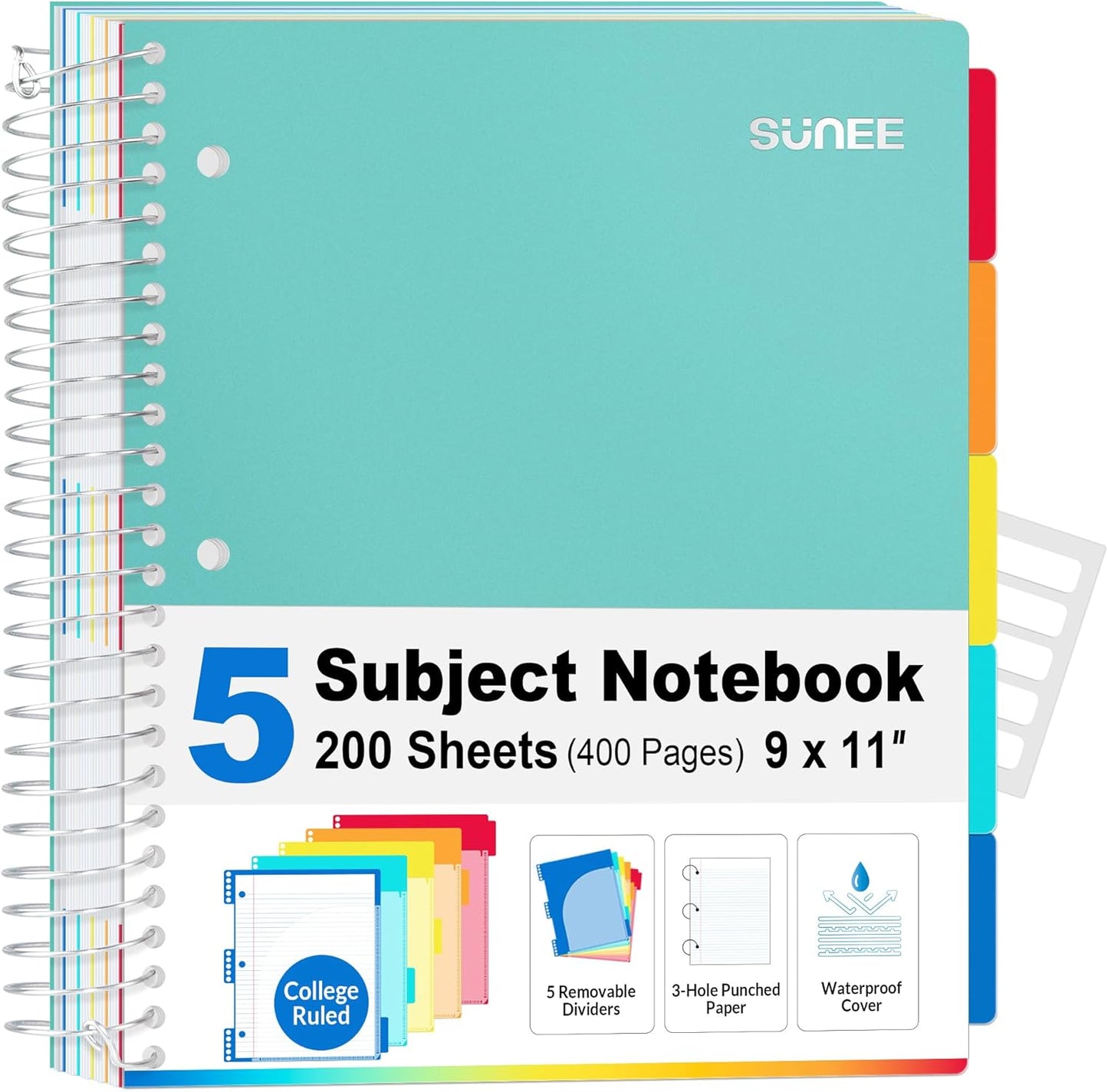 SUNEE 5 Subject Graph Paper Notebook - 400 Pages, 9"x11", 4x4 Graph Ruled Notebook, 5 Pocket Colored Dividers, 3-Hole Punched Paper, Black