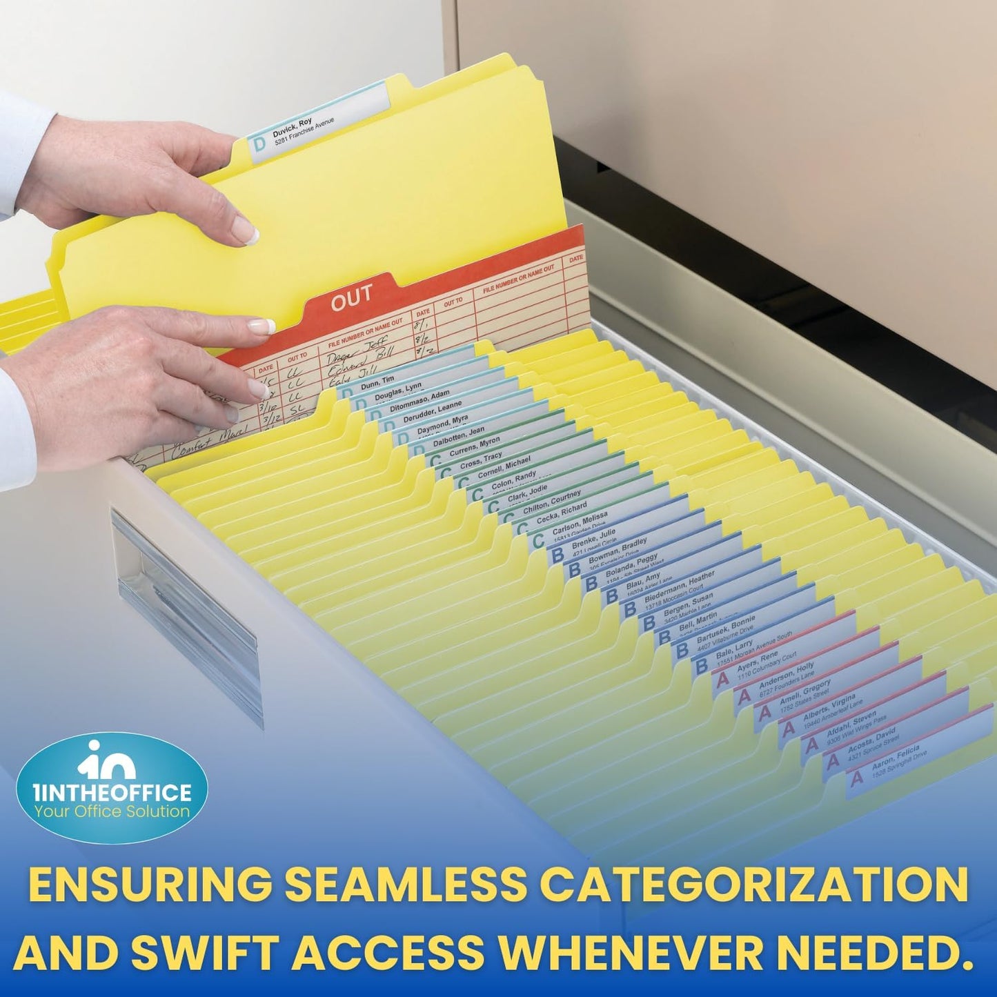 1InTheOffice Classification Folders, 2 Dividers, Pressboard, Letter Size, 6 Fasteners, Yellow, 10 Pack
