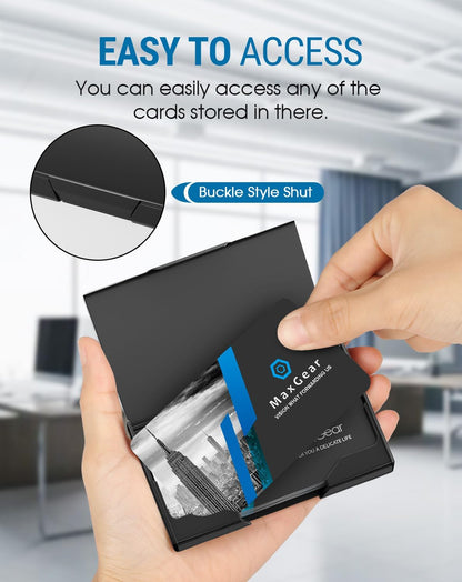 MaxGear Metal Business Card Holder for Men & Women, Professional Stainless Steel Card Case for Business Cards, Slim Purse Name Card Holders with Interior Lining, Buckle Style Shut, Black