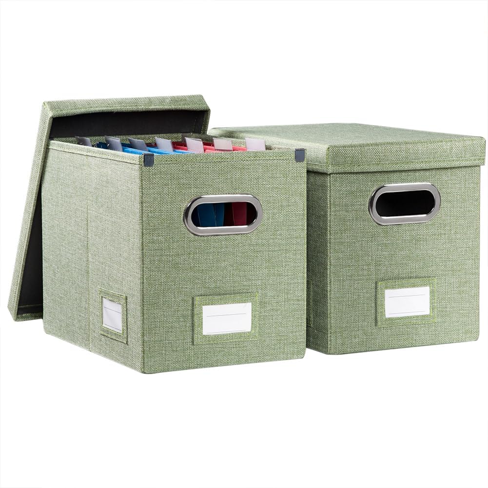 PRANDOM File Organizer Box - Collapsible Decorative Linen Filing Storage with Lids for Letter Size - Grey (14x9.3x10.8 inch)