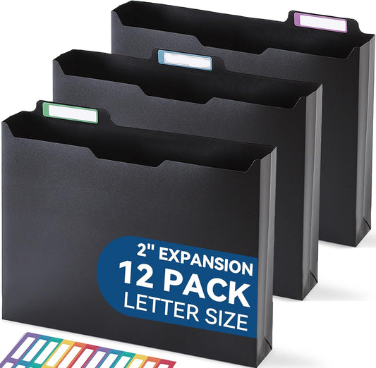 SortRax Plastic Expanding File Jackets, 12 Pack, 2" Expansion File Folder, 1/3 Cut Tabs with Colorful Labels, Letter Size - Pastel