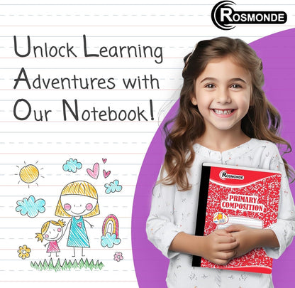 Rosmonde 12 Pack Primary Composition Notebooks, 200 Pages (100 Sheets), Primary Ruled Composition Notebook, 9-3/4" x 7-1/2", Grades K-2, Writing Dotted Lined, Assorted, Colors May Repeat