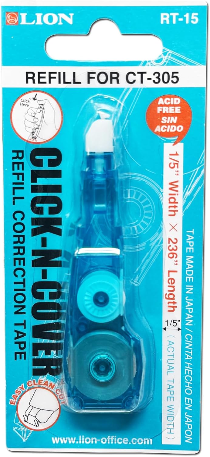 LION CLICK-N-COVER Refillable Correction Tape, Retractable Tip, 1/5" wide and 236" long, Acid-Free, 1 ea. (CT-305)