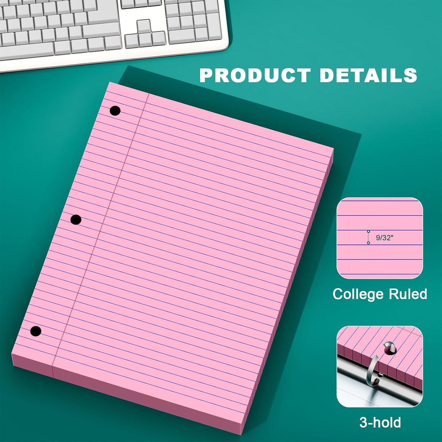 Note Pads 8 X 10.5 Loose Leaf Paper, 120Sheets, 3 Hole Punched Lined Paper, College Ruled 8 X 10.5 Notebooks, 10-1/2" X 8 Binder Writing Pads, Filler Paper For Engineering, Office, School Supplies