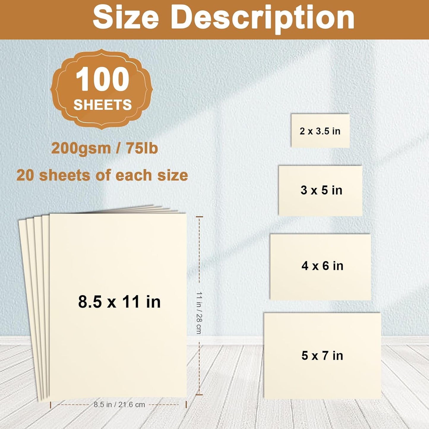 Silunkia 100 Sheets White Cardstock 5 Assorted Sizes Craft Paper, 200gsm/75lb White Card Stock Certificates Paper for DIY Cards Making, Business Cards, Wedding Invitations, School Crafting, Menus