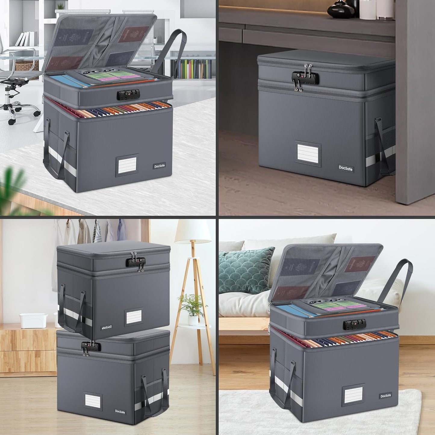 DocSafe File Box with Lock,Multi-Layer Fireproof Document Box Collapsible File Storage Organizer with Pockets/Handle,Large Portable Home Office Filing Safe for Hanging Letter/Legal Size Folders,Black