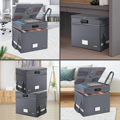 DocSafe File Box with Lock,Multi-Layer Fireproof Document Box Collapsible File Storage Organizer with Pockets/Handle,Large Portable Home Office Filing Safe for Hanging Letter/Legal Size Folders,Black