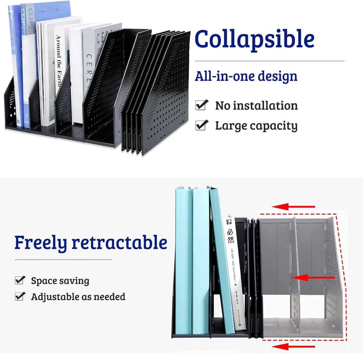 Marte Vanci Collapsible Magazine File Holder with 4 Vertical Compartments, Binder Holder for Desk, Desktop Binder Organizer for Notebook, Documents, Book, School Office Supplies(Light Gray)