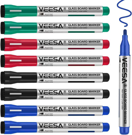Glass Board Dry Erase Markers, Bullet Tip, 8 Pack with Magnetic Eraser Caps, 4 Assorted Colors, Designed for Glass Board, Bold Color
