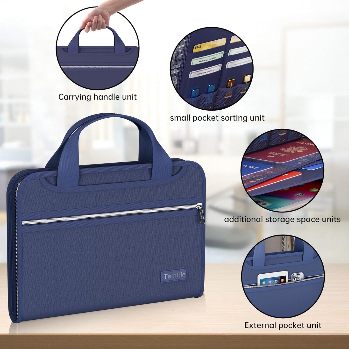 Tamfile Fireproof Accordion File Organizer with Handle, 13 Pocket Transparent Expanding File Folder with Zipper & Labels, File Folder with Multi-Pockets Paper Organizer Folder for Letter A4 Files