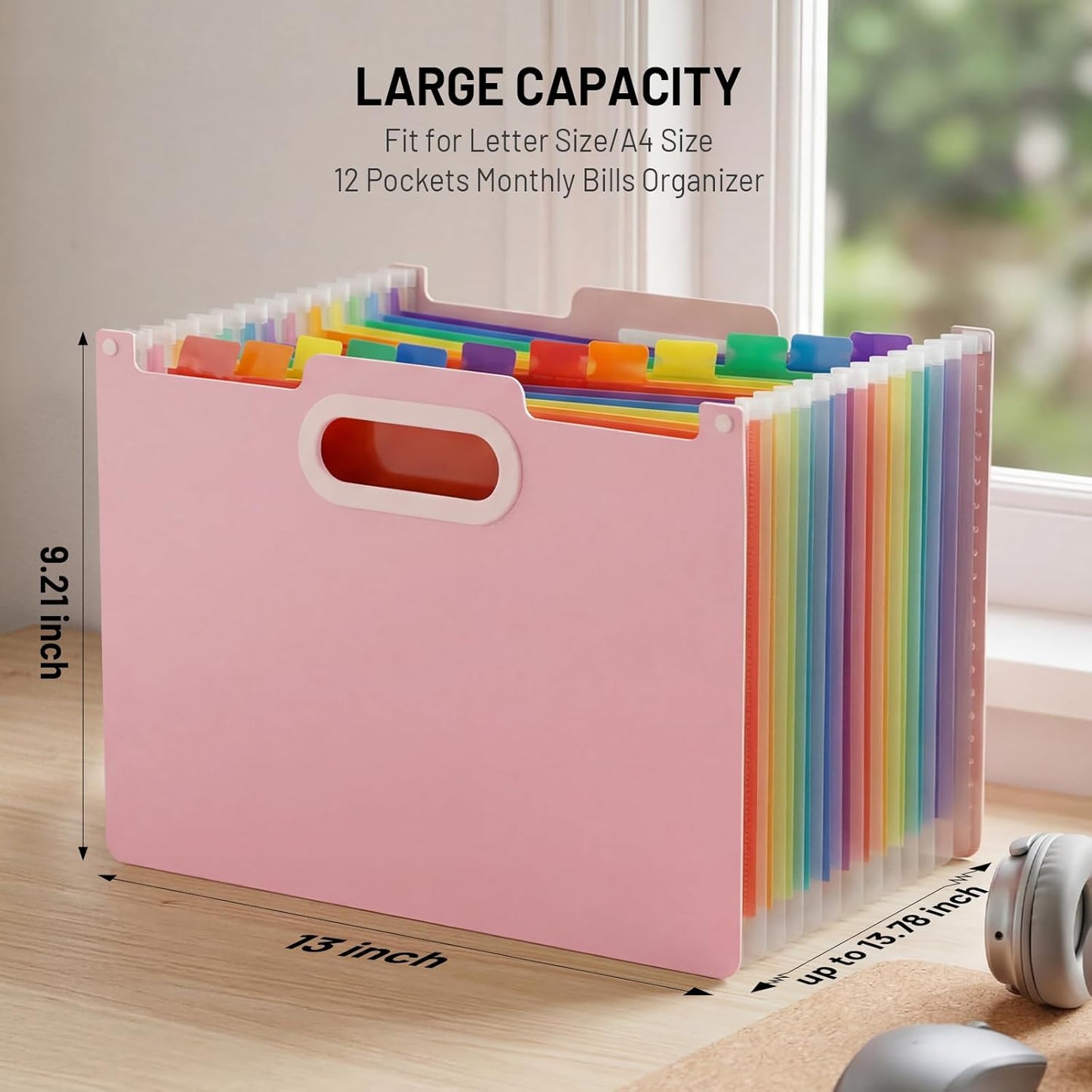Comix Expanding File Folder, 13 Pockets Accordion File Organizer, Letter/A4 Size Document Organizer for Home Office School, Pink