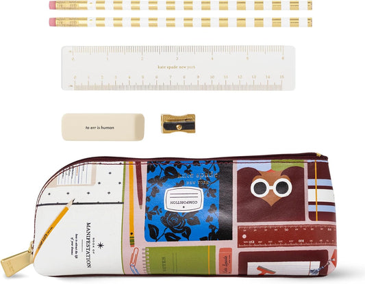 kate spade new york Pen and Pencil Case with Office Supplies, Zip Pouch Includes 2 Pencils, Sharpener, Eraser, and Ruler, Polka Dots (black/white)