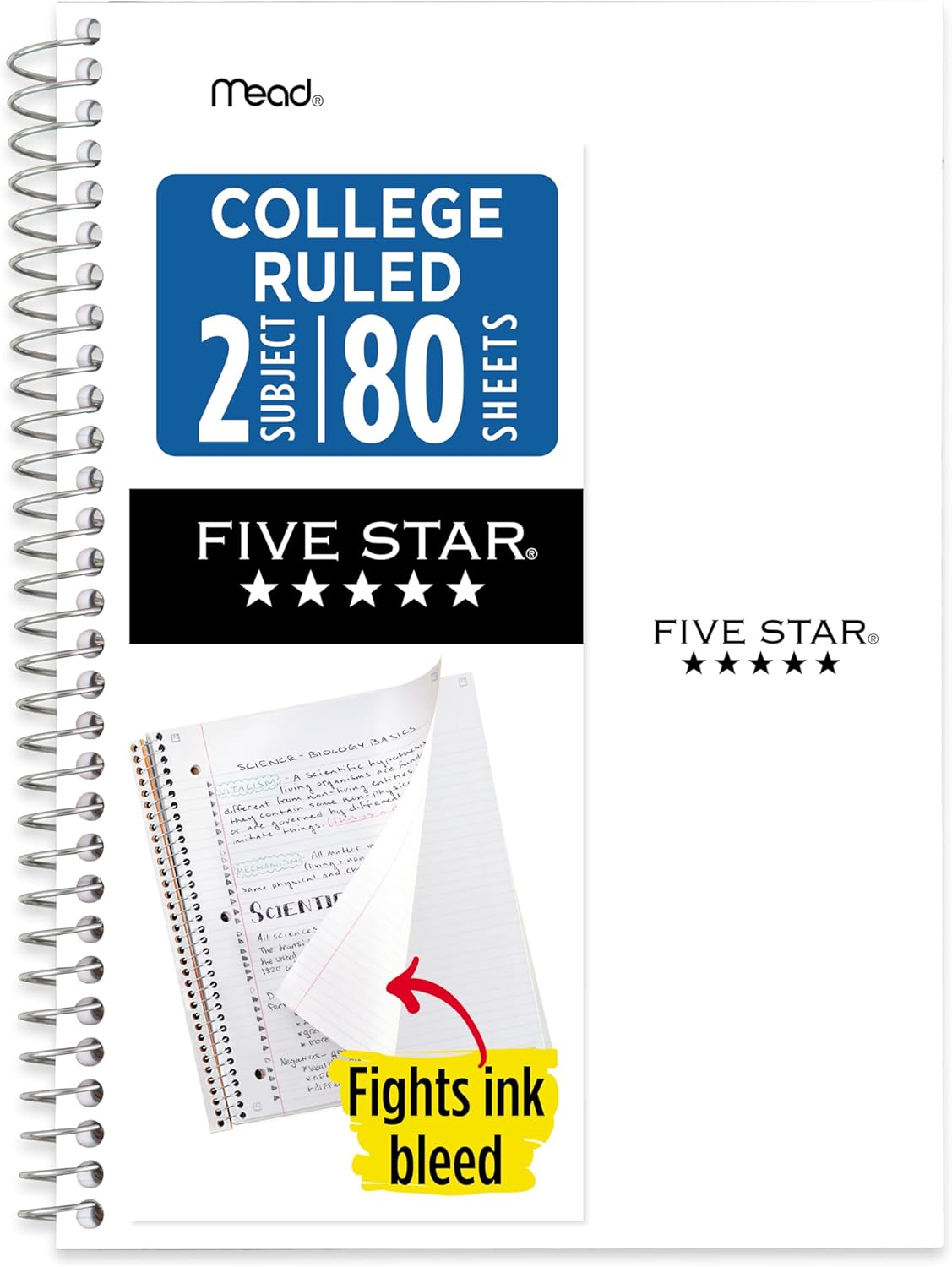 Five Star Spiral Notebook, 2 Subject, College Ruled Paper, 6" x 9.5", 80 Sheets, Blue (Color May Vary) (840029CG1)