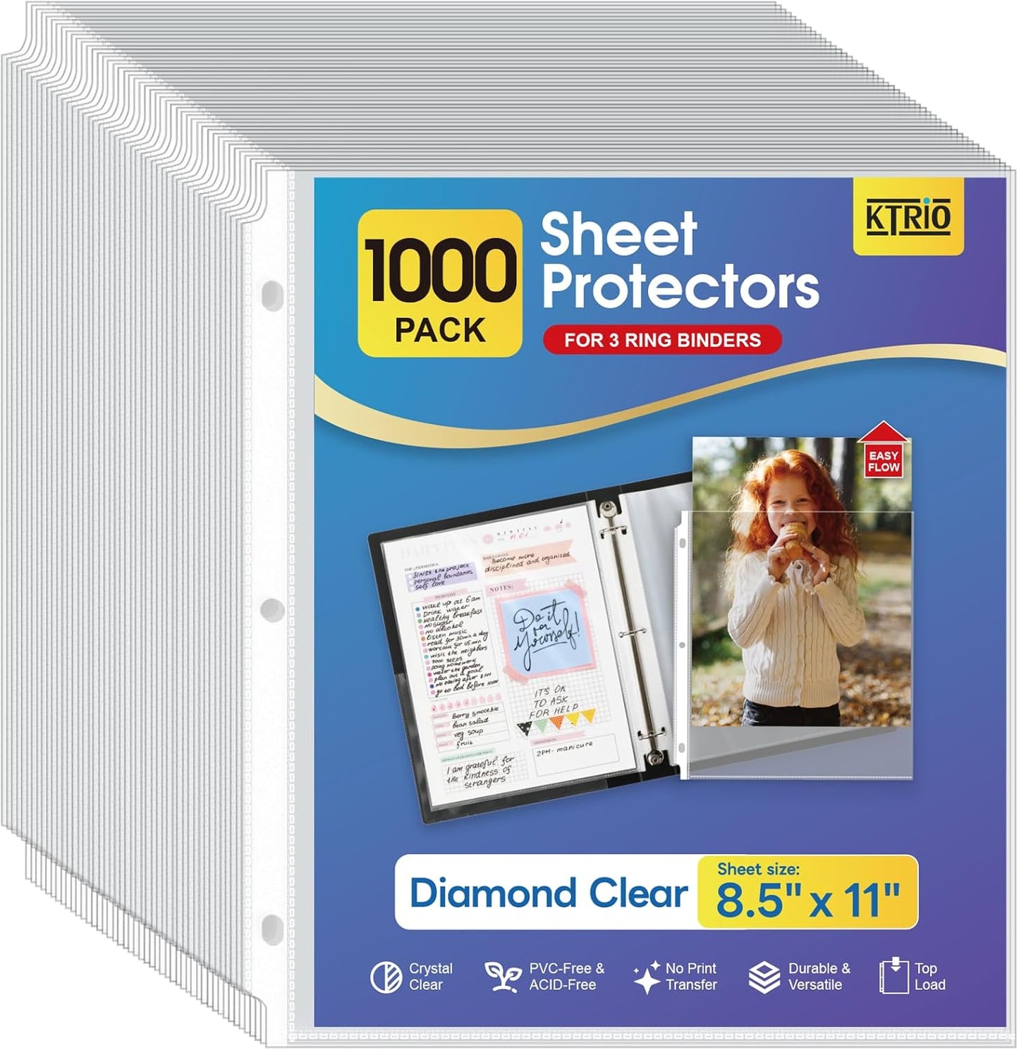 KTRIO Sheet Protectors 8.5 x 11 Inch, Clear Top Loading Page Protectors for 3 Ring Binder, Polypropylene Plastic Sleeves, Letter Size Document Protectors, Office & Home, 50 Pack