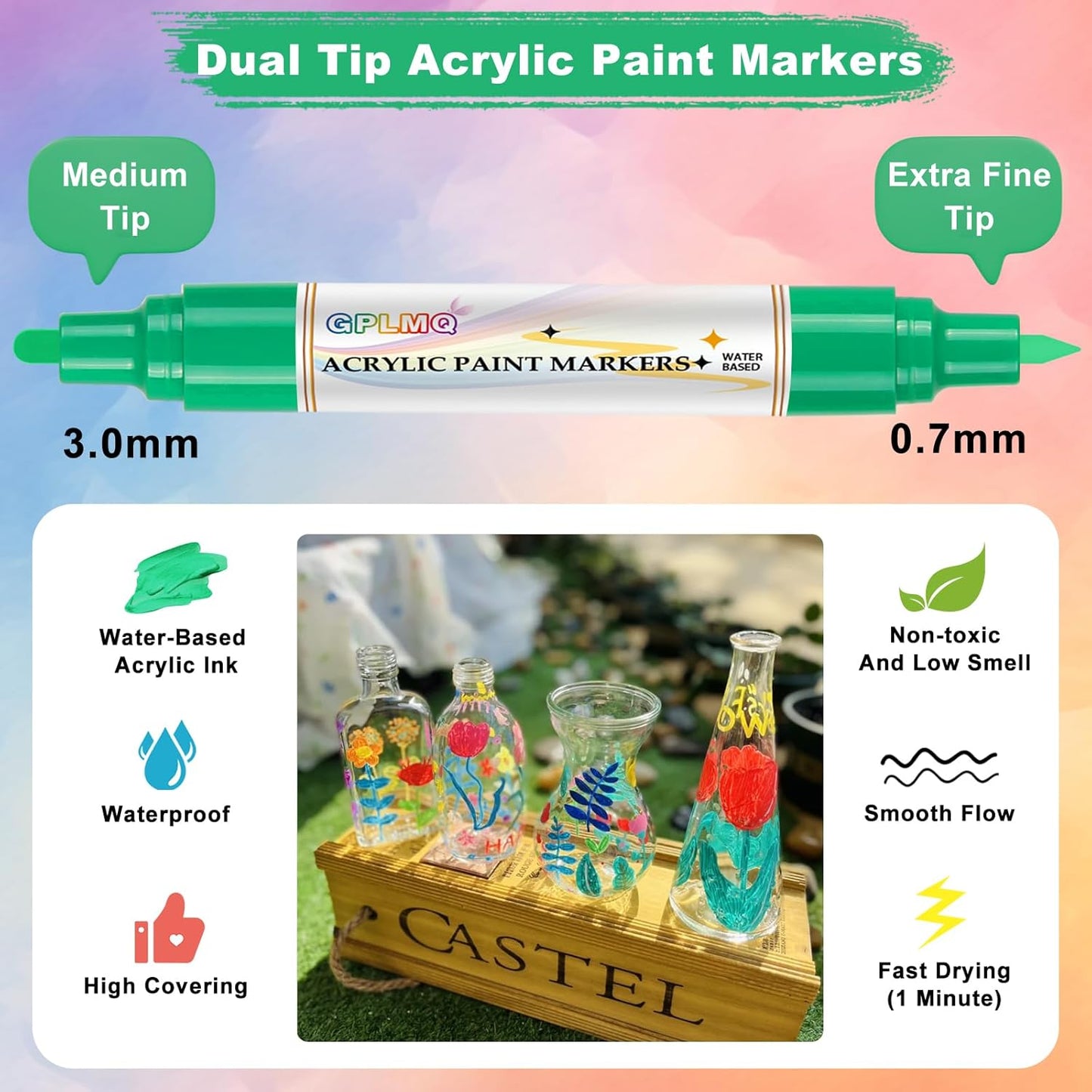 Paint Markers Paint Pens - 2 Pack Dual Tip Acrylic Permanent Marker (0.7mm & 3mm), Non-Toxic, Water-Based for Art Painting, Stone, Ceramic, Glass, Wood, Fabric, Metal, DIY Crafts (White)