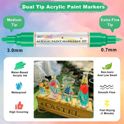 Paint Markers Paint Pens - 2 Pack Dual Tip Acrylic Permanent Marker (0.7mm & 3mm), Non-Toxic, Water-Based for Art Painting, Stone, Ceramic, Glass, Wood, Fabric, Metal, DIY Crafts (White)
