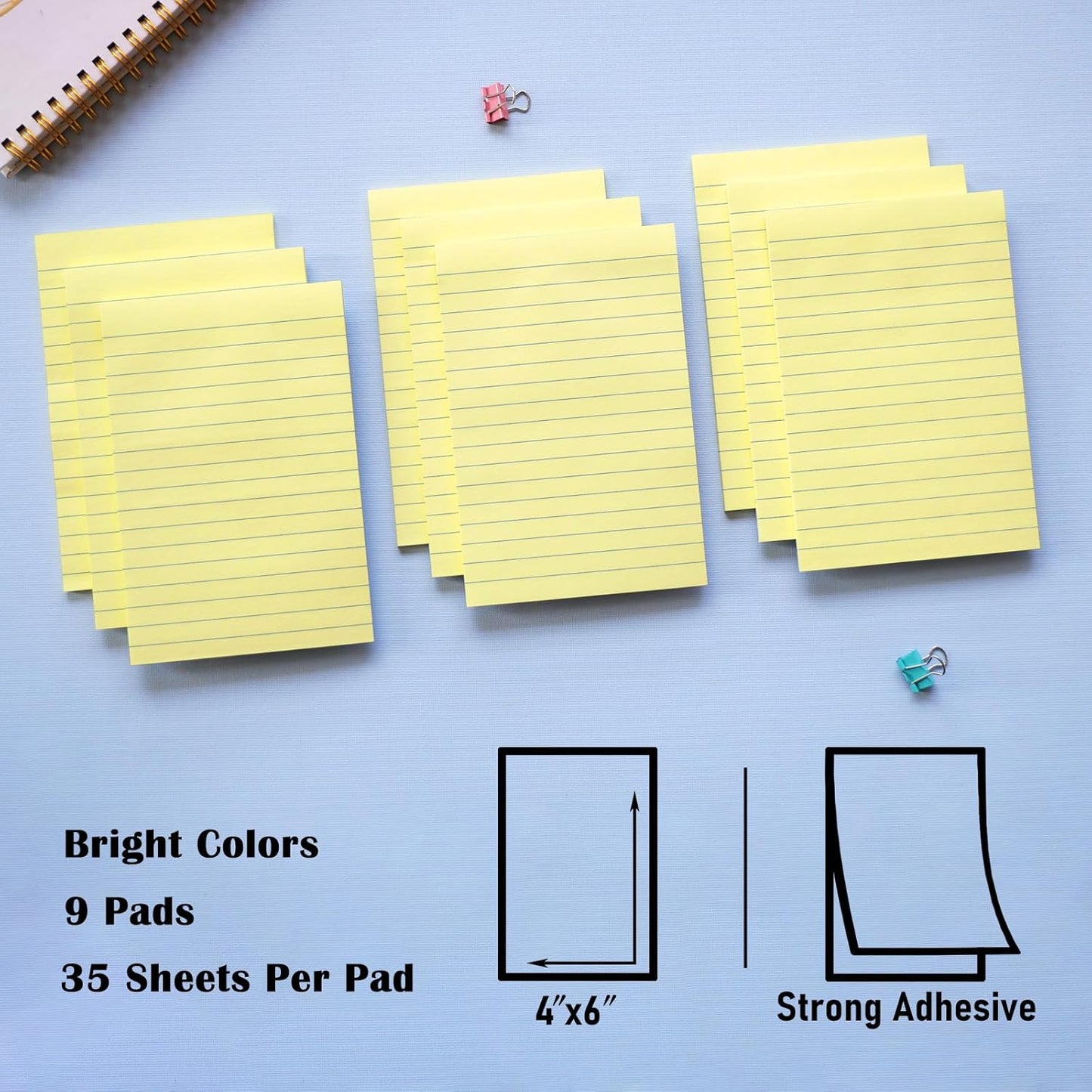 9 Pack Lined Sticky Notes 4X6 in Post Sticky Notes with Lines, Large Ruled Post Sticky Colorful Super Sticking Power Memo Pads Strong Adhesive (Pink Themed)