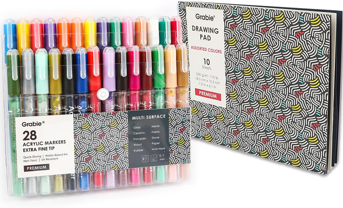 Grabie Black & White Extra Fine Tip Acrylic Paint Marker Set, 6 Pack, 0.7mm Acrylic Paint Pens for Highlights and Fine Details on Drawings, Rock Painting Glass Canvas Wood, White Highlight Markers