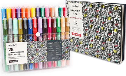 Grabie Black & White Extra Fine Tip Acrylic Paint Marker Set, 6 Pack, 0.7mm Acrylic Paint Pens for Highlights and Fine Details on Drawings, Rock Painting Glass Canvas Wood, White Highlight Markers