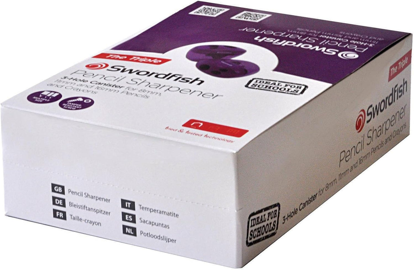 Swordfish ‘The Triple’ Three Hole Pencil Sharpener with Mess-Free Canister [Pack of 1] 8-16 mm [40228s], Purple