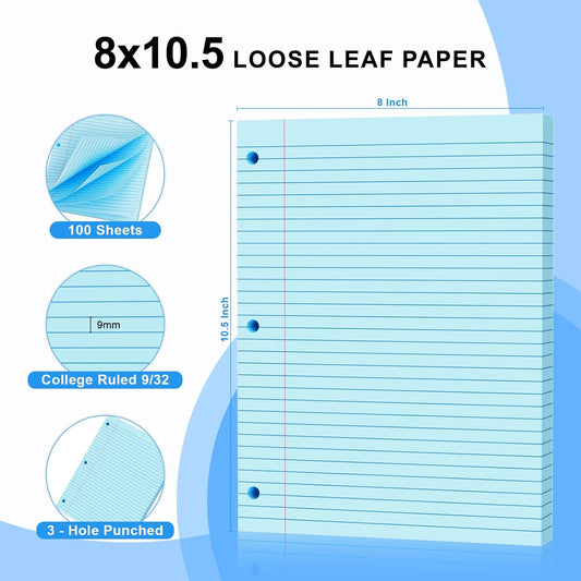 500 Sheets Loose Leaf Paper 8" x 10.5" Colored Filler Paper College Ruled 3-Hole Punched Lined Paper Notebook Paper for 3-Ring Binders Notepad Writing Note Pads Ideal for Home, School, Office