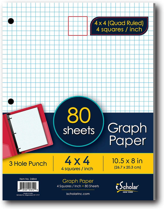 iScholar Quad Filler Paper, 4 Squares per Inch, 10.5 x 8 Inches, 80 Sheets (24844) White