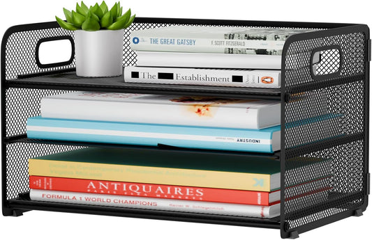 3 Tier Paper Letter Tray Organizer for Desk, Mesh File Folder Document Organizer with Handle for Home Office Supplies Desktop Accessories, Pink