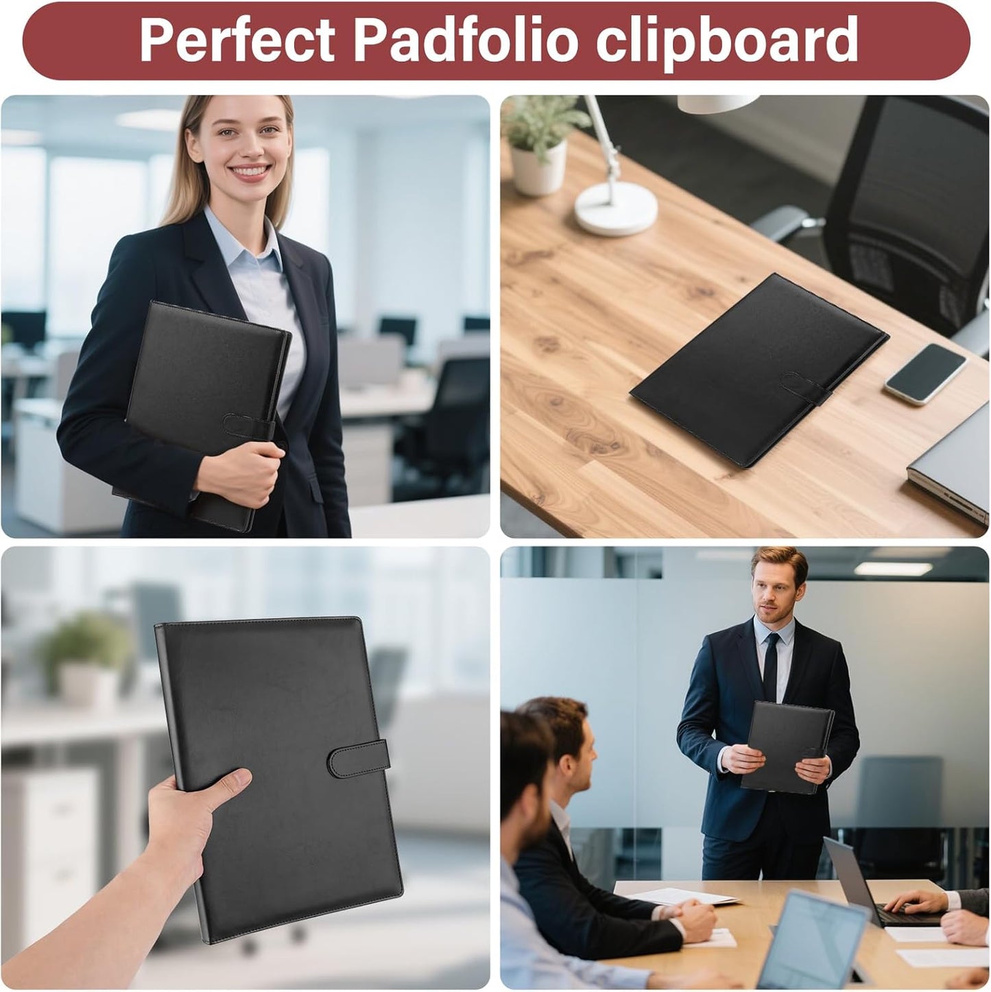 Professional Padfolio, Multi Function Faux Leather Portfolio Binder with Clipboard - Interview Resume Folder, Legal Document, Business Card Holder, for Office, Conference, Interviews (Black)