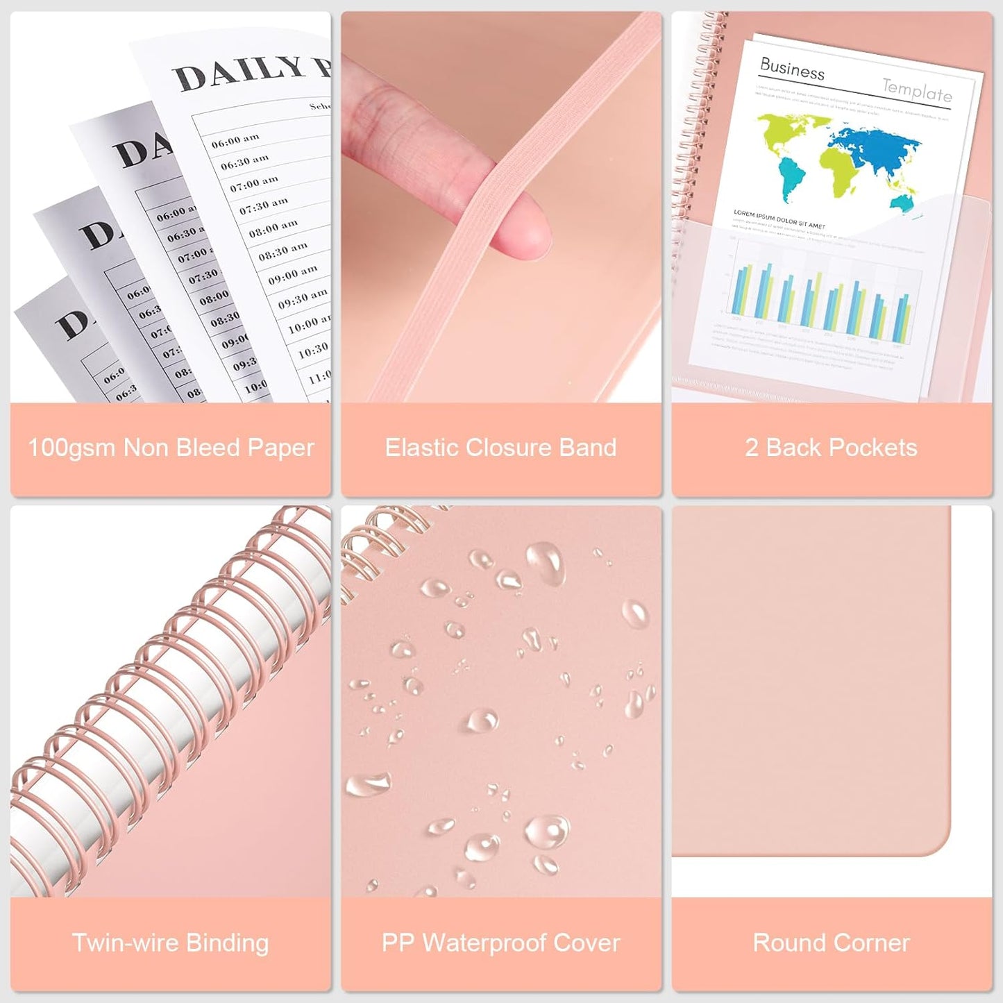 Daily Planner Undated, Asten To Do List Notebook Hourly Schedules Spiral Appointment Planner for Men and Women,PVC Hardcover,Elastic Closure, Inner Pocket 8.3" x 5.8" (Black)
