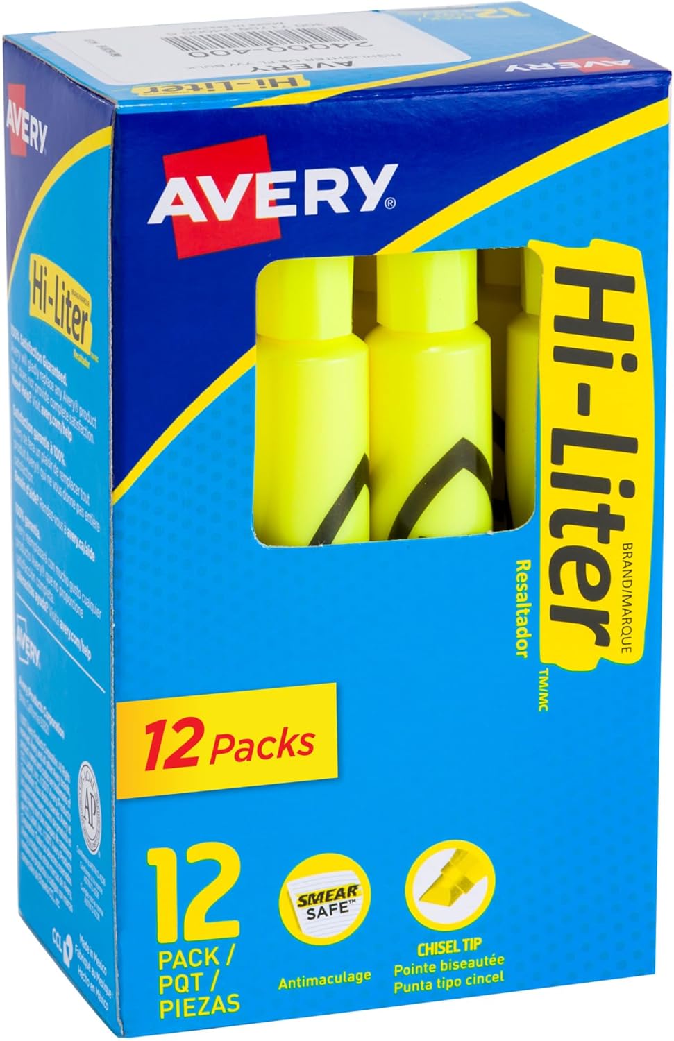 Avery Hi-Liter Desk-Style Highlighters, Smear Safe Ink, Chisel Tip, 12 Fluorescent Yellow Highlighters (24000)