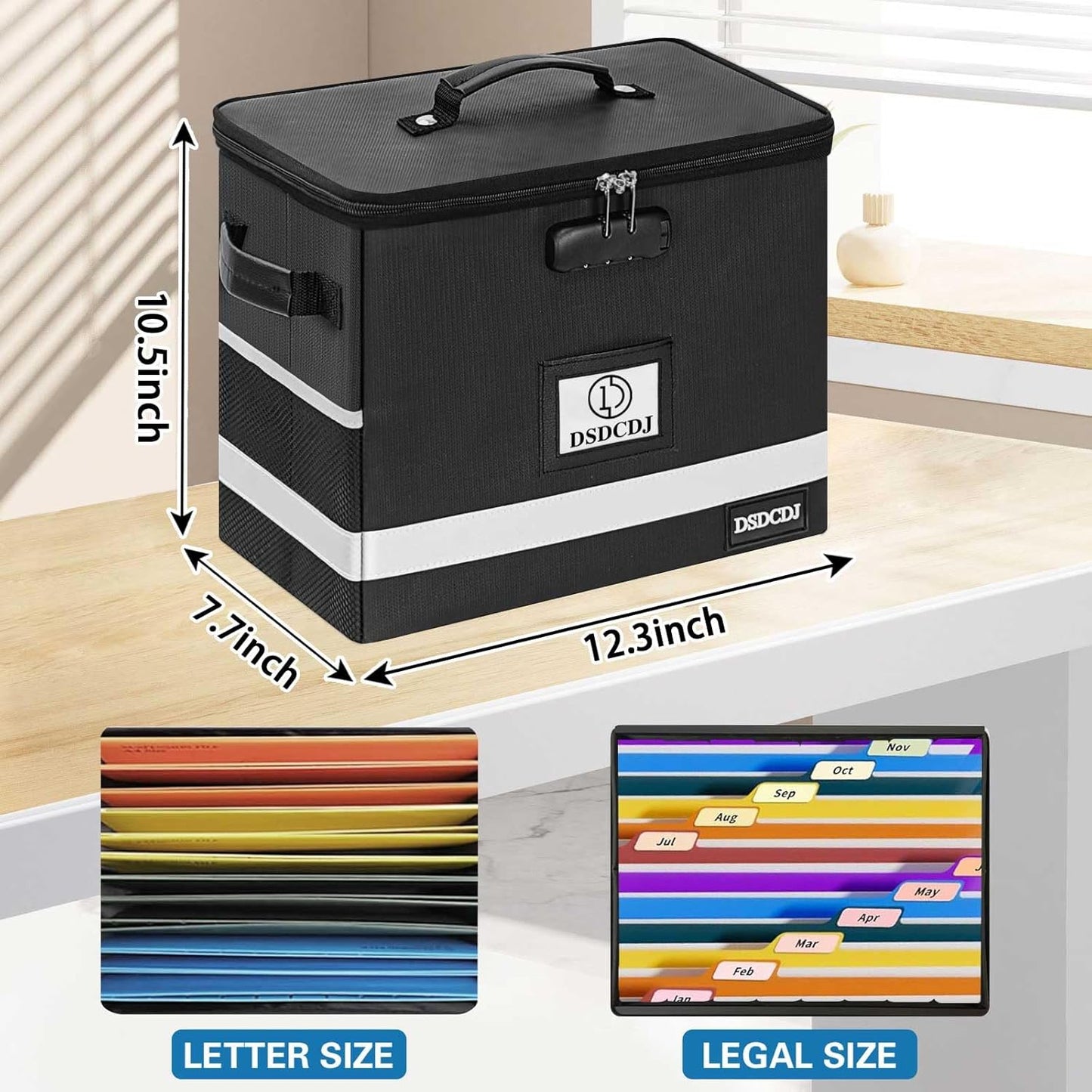 File Box with Lock - Portable File Organizer Box with Handle, Sturdy Important Document Organizer with Label, Slide, Reflective Strip for Hanging Letter/Legal Folder