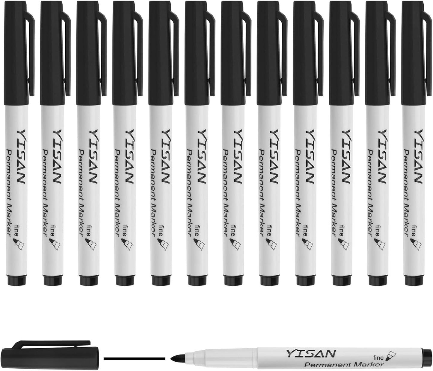 YISAN Permanent Markers,12 Pack Fine Tip Black Permanent Markers,Quick Drying Ink,Works on paper,Plastic,Stone,Glass,Metal,71525