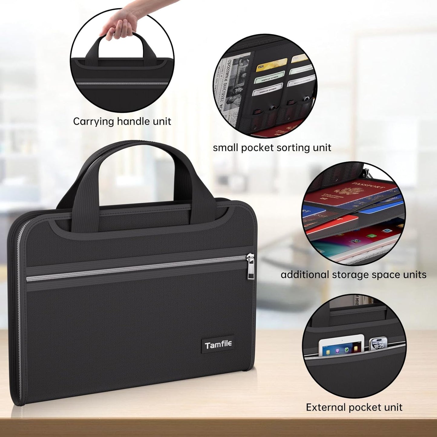 Tamfile Fireproof Accordion File Organizer with Handle, 13 Pocket Transparent Expanding File Folder with Zipper & Labels, File Folder with Multi-Pockets Paper Organizer Folder for Letter A4 Files