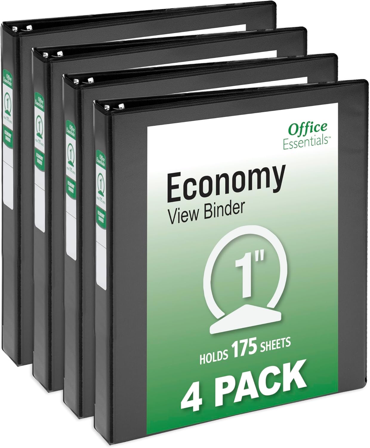 Office Essentials Economy View 3 Ring Binders, 2" Round Rings, 2.8" Spine, 375-Sheet Capacity, Black Binders (4-Pack of 03147)